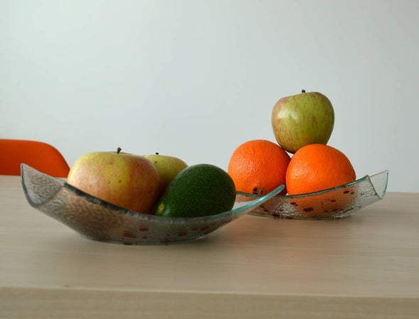 Set of 2 Modern Fused Glass Fruit Bowls. Minimalist Fused Glass Centerpiece Fruit Bowls L&M