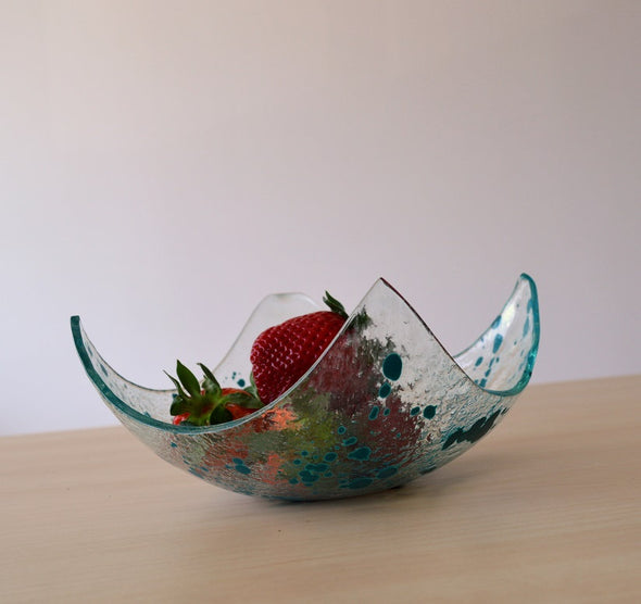 Modern Fused Glass Fruit Bowl. Turquoise Accents Glass Fruit-Bowl M