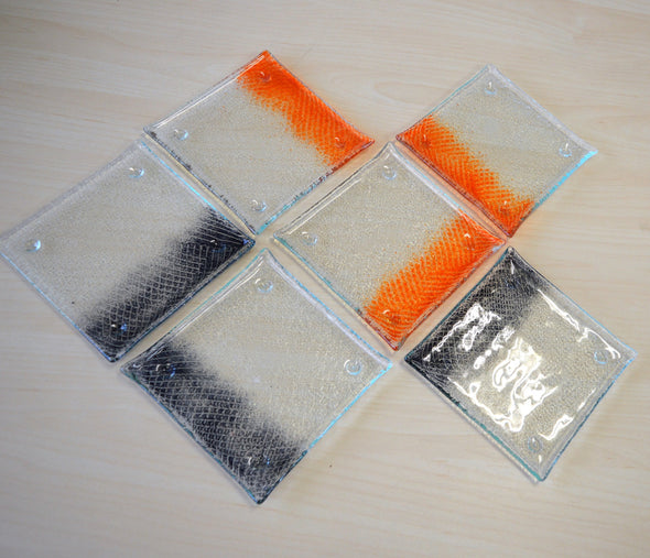 Set of Six Fused Glass Dessert Plates. Small Dessert Glass Plates in Orange and Graphite