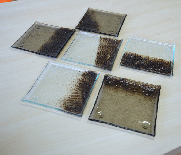 Set of Six Fused Glass Dessert Plates. Small Dessert Glass Plates in Bronze and Brown
