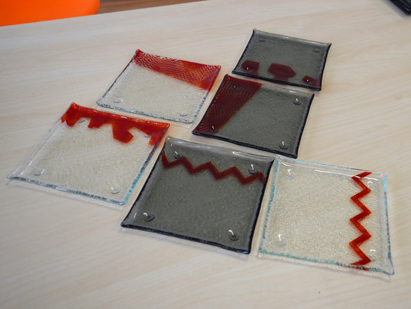 Set of Six Fused Glass Dessert Plates. Small Dessert Glass Plates in Red and Graphite FOLK