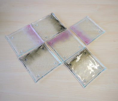 Set of Six Fused Glass Dessert Plates. Small Dessert Glass Plates in Pink and Grey. Cupcake Plates