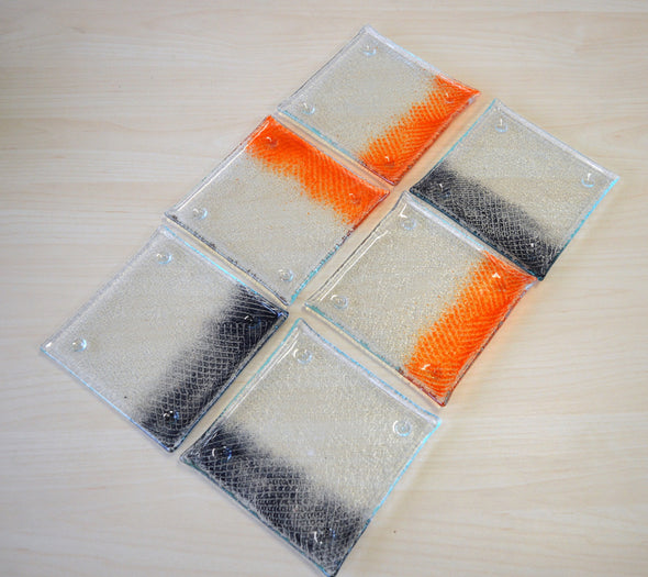 Set of Six Fused Glass Dessert Plates. Small Dessert Glass Plates in Orange and Graphite