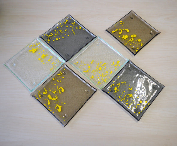 Set of Six Jackson Pollock Inspired Fused Glass Dessert Plates. Small Dessert Glass Plates in Bronze and Yellow