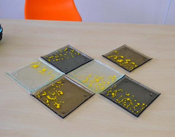 Set of Six Jackson Pollock Inspired Fused Glass Dessert Plates. Small Dessert Glass Plates in Bronze and Yellow