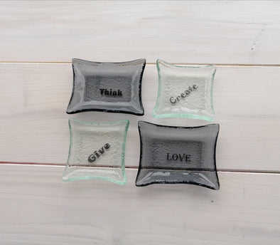 Set of Four Fused Glass Small Bowls in Grey and Transparent. Inspirational Words Soy Sauce Bowls