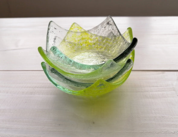 Set of Four Fused Glass Small Bowls in Bright Yellow and Grey. Soy Sauce Bowl Set of Four