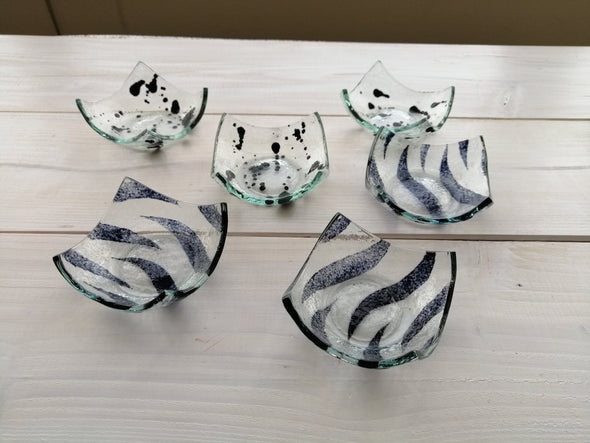 Set of Six Fused Glass Small Bowls With Black Details. Soy Sauce Bowl. Small Dessert Bites Bowls