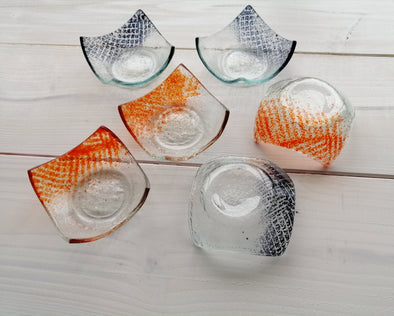 Set of Six Fused Glass Small Bowls in Grey and Orange. Soy Sauce Bowl. Small Dessert Bites Bowls