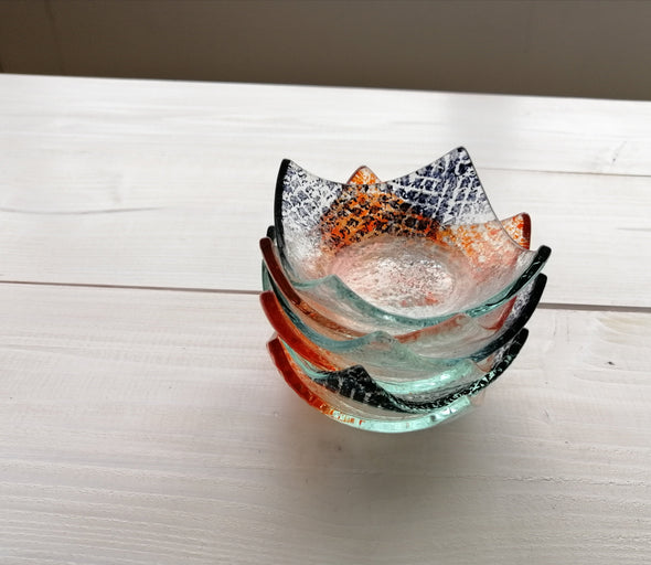 Set of Six Fused Glass Small Bowls in Grey and Orange. Soy Sauce Bowl. Small Dessert Bites Bowls