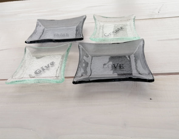 Set of Four Fused Glass Small Bowls in Grey and Transparent. Inspirational Words Soy Sauce Bowls