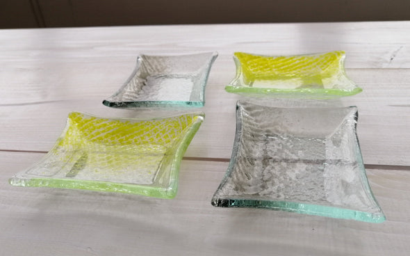 Set of Four Fused Glass Small Bowls in Grey And Yellow. Small Soy Sauce Bowls. Small Dessert Bites Bowls