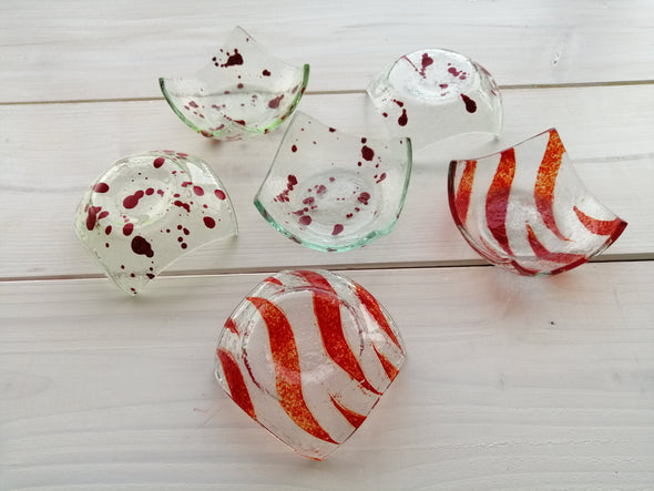 Set of Six Fused Glass Small Bowls With Red Details. Soy Sauce Bowl. Small Dessert Bites Bowls