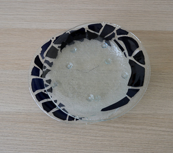 Set of 2 Fused Glass Dessert Plates with Black Mosaic Accents. Round Glass Plates Set of 2