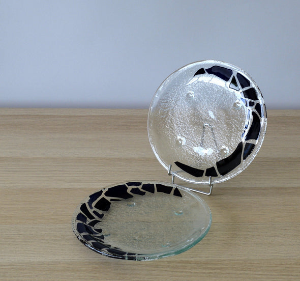Set of 2 Fused Glass Dessert Plates with Black Mosaic Accents. Round Glass Plates Set of 2