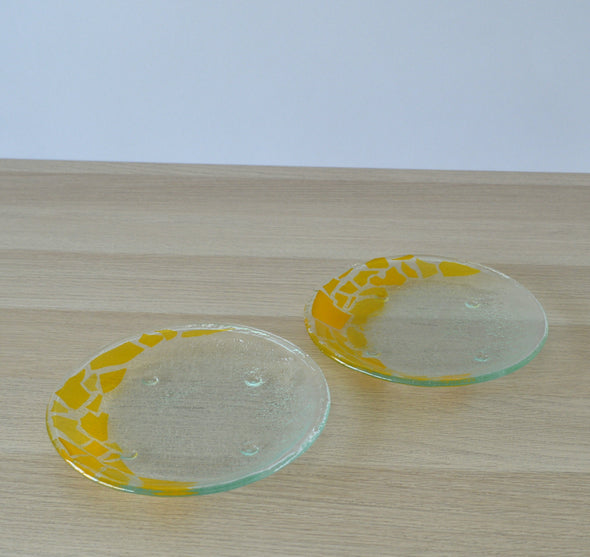 Set of 2 Fused Glass Dessert Plates with Yellow Mosaic Accents. Round Glass Plates Set