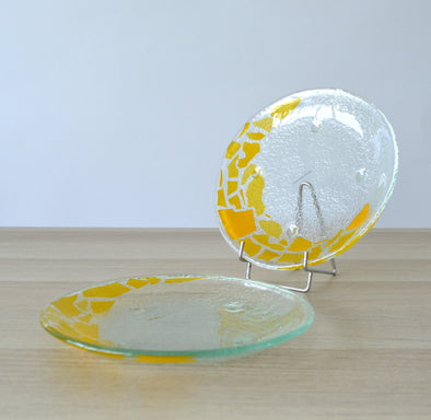 Set of 2 Fused Glass Dessert Plates with Yellow Mosaic Accents. Round Glass Plates Set