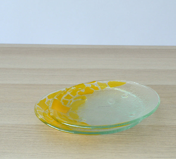 Set of 2 Fused Glass Dessert Plates with Yellow Mosaic Accents. Round Glass Plates Set