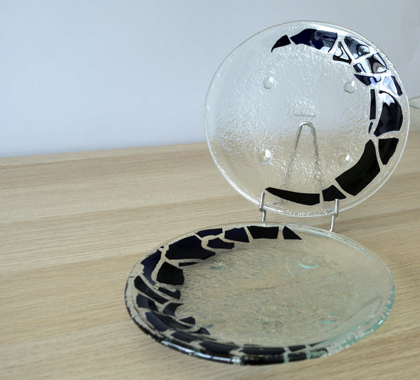 Set of 2 Fused Glass Dessert Plates with Black Mosaic Accents. Round Glass Plates Set of 2