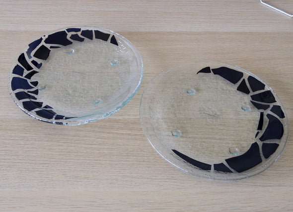 Set of 2 Fused Glass Dessert Plates with Black Mosaic Accents. Round Glass Plates Set of 2