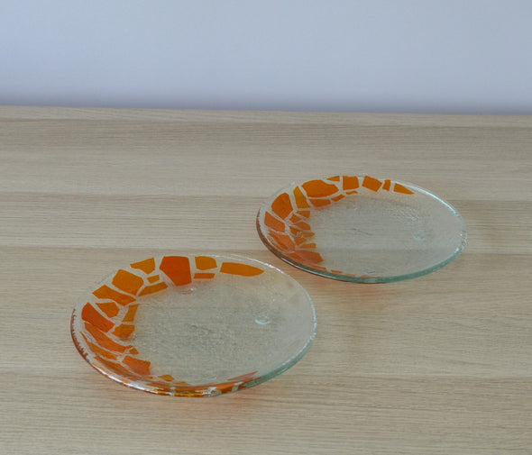 Set of 2 Fused Glass Dessert Plates with Orange Mosaic Accents. Round Glass Plates Set