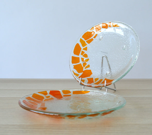 Set of 2 Fused Glass Dessert Plates with Orange Mosaic Accents. Round Glass Plates Set