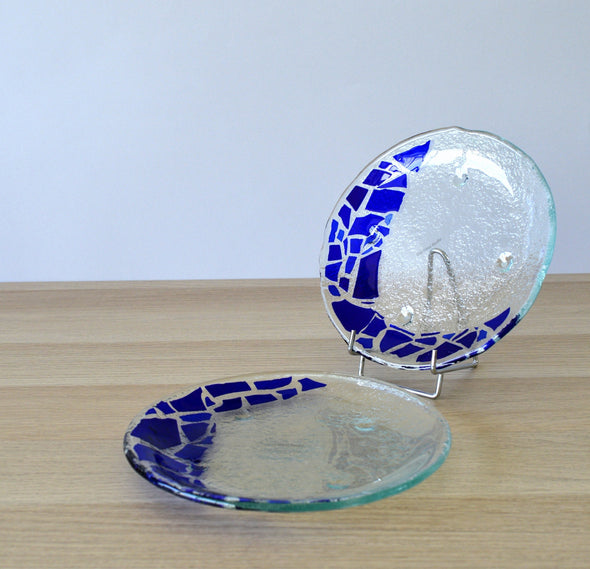 Set of 2 Fused Glass Dessert Plates with Royal Blue Mosaic Accents. Round Glass Plates Set
