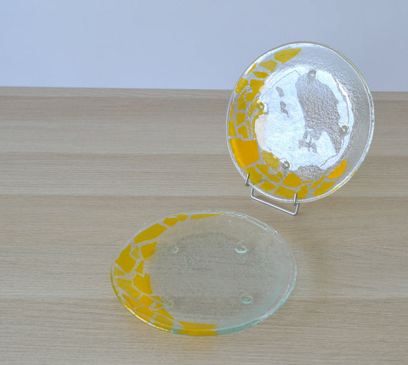 Set of 2 Fused Glass Dessert Plates with Yellow Mosaic Accents. Round Glass Plates Set