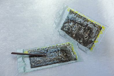 OOK Fused Glass Sushi Platter Set of 2. Fused Glass Cheese Platters with Grey and Yellow Accents