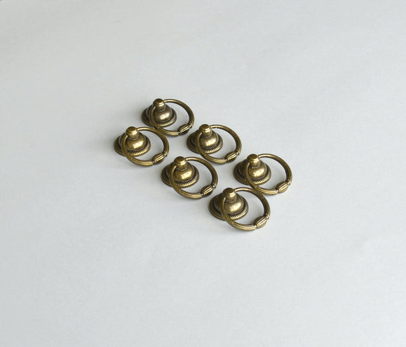 Set of 6 Unique Statement Ring Pull. Antique Brass Drop Knob. Drawer Ring Knob 6154
