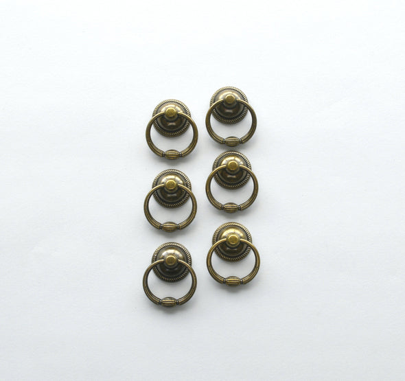 Set of 6 Unique Statement Ring Pull. Antique Brass Drop Knob. Drawer Ring Knob 6154