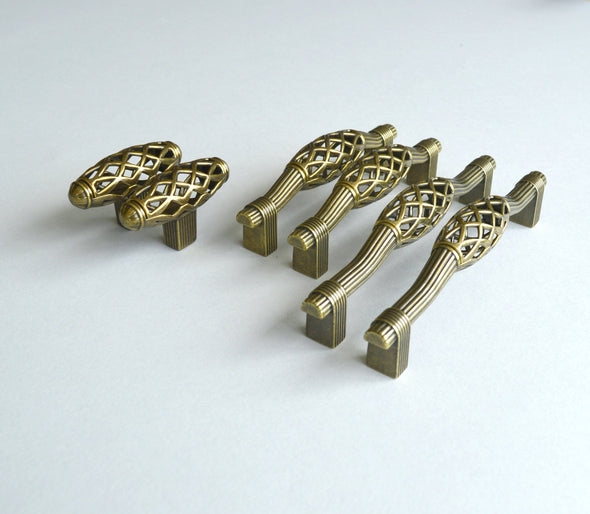Set of 6 Old Brass Finish Cabinet Handles. Bohemian Hardware. Distressed Drawer Handle 616