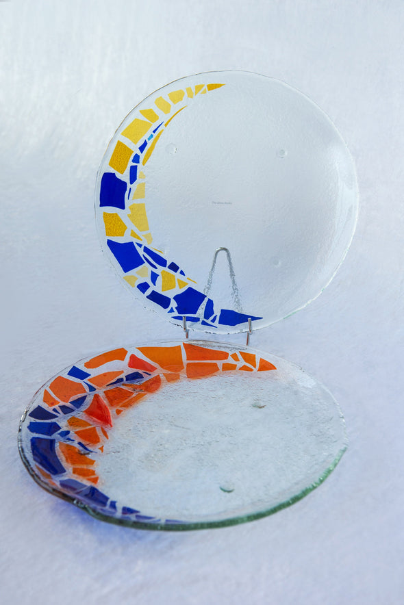 Set of 2 Unique Fused Glass Serving Platters in Blue, Orange and Yellow. Round Shaped Platters