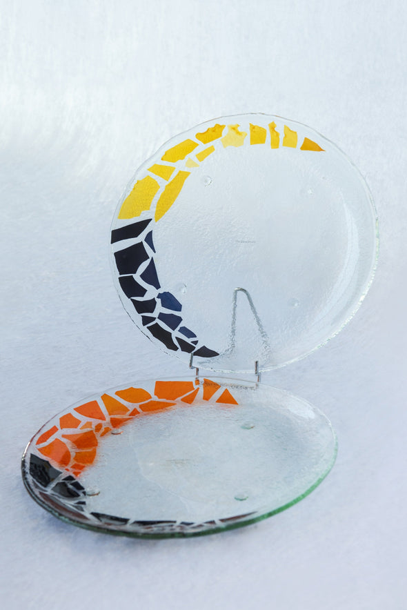 Set of 2 Unique Fused Glass Serving Platters in Black, Orange and Yellow. Round Shaped Platters