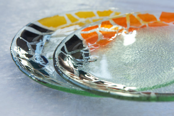 Set of 2 Unique Fused Glass Serving Platters in Black, Orange and Yellow. Round Shaped Platters