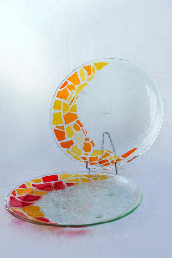 Set of 2 Unique Fused Glass Serving Platters in Red, Orange and Yellow. Round Shaped Platters
