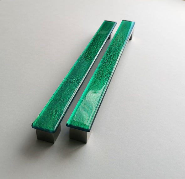 A Set of 2 Large Glass Pulls in Jade Green. Artistic Jewel Tone Furniture Glass Pull - 0018