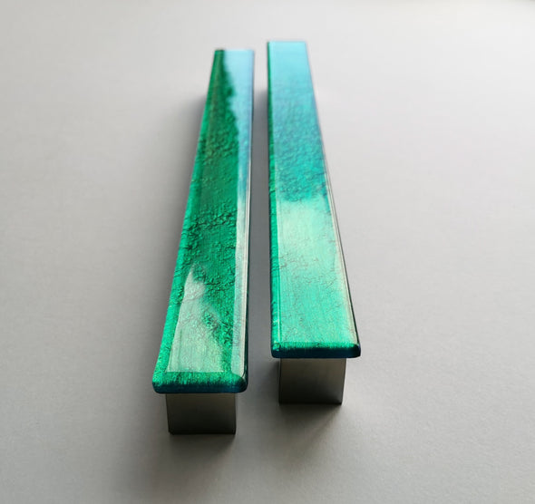 A Set of 2 Large Glass Pulls in Jade Green. Artistic Jewel Tone Furniture Glass Pull - 0018