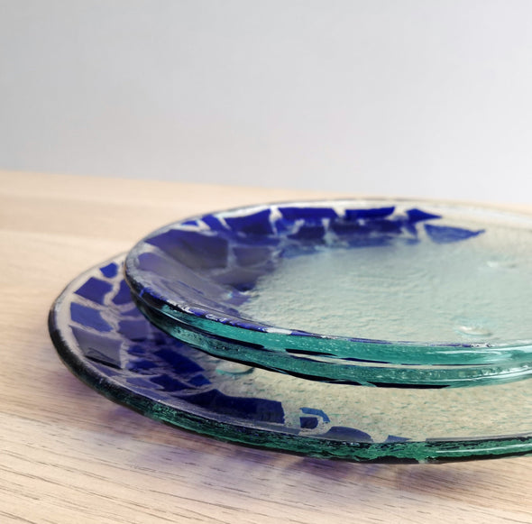 Set of 2 Unique Blue Mosaic Fused Glass Dessert / Main Course / Pasta Plates. Mosaic Glass Plates