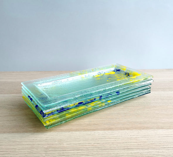 Set of Six Jackson Pollock Inspired Fused Glass Appetizer / Dessert Dish  Plates. Blue / Yellow Detail Fused Glass Plates