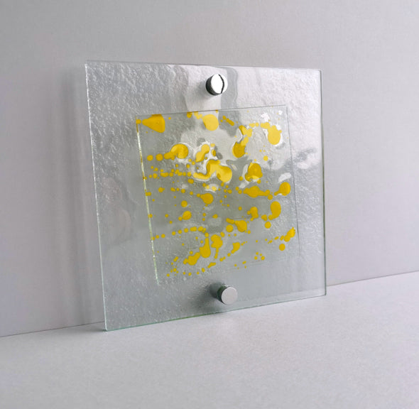 Fused Glass Jackson Pollock Inspired Wall Art Panel. Yellow Detailed Glass Wall Art
