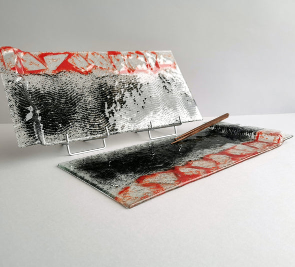 OOK Fused Glass Sushi Platter Set of 2. Statement Fused Glass Cheese Platters in Metallic Grey