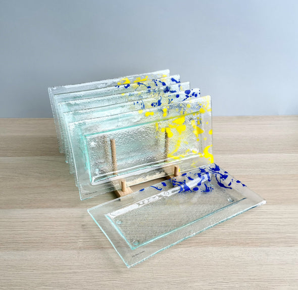 Set of Six Jackson Pollock Inspired Fused Glass Appetizer / Dessert Dish  Plates. Blue / Yellow Detail Fused Glass Plates