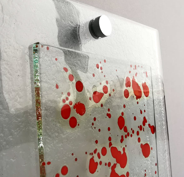 Fused Glass Jackson Pollock Inspired Wall Art Panel. Red Detailed Glass Wall Art