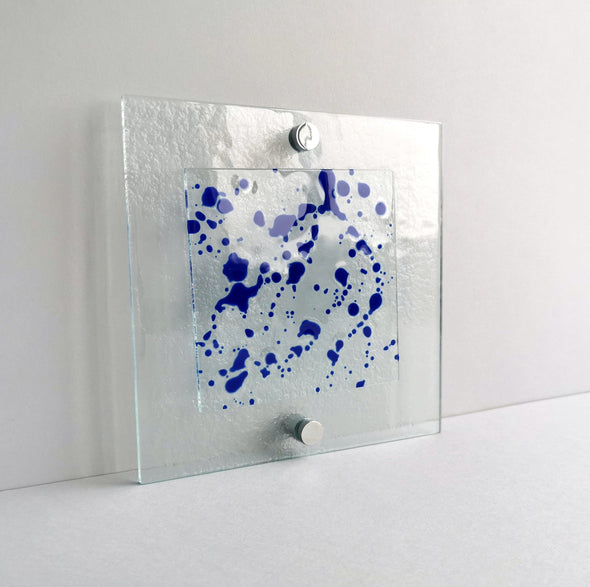 Fused Glass Jackson Pollock Inspired Wall Art Panel. Blue Detailed Glass Wall Art