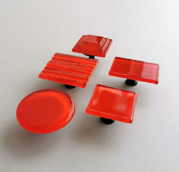 Red Orange Modern Fused Glass Knob. Reddish Orange Glass Knob 0030