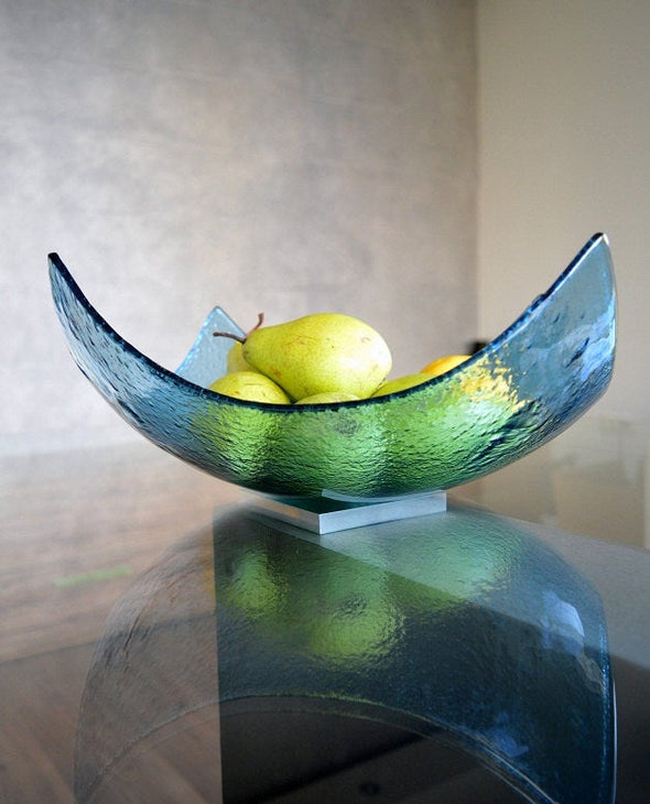 Modern Sky Blue Minimalist Fused Glass Fruit Bowl. Centerpiece Bowl. Designer Fruit-Bowl XL