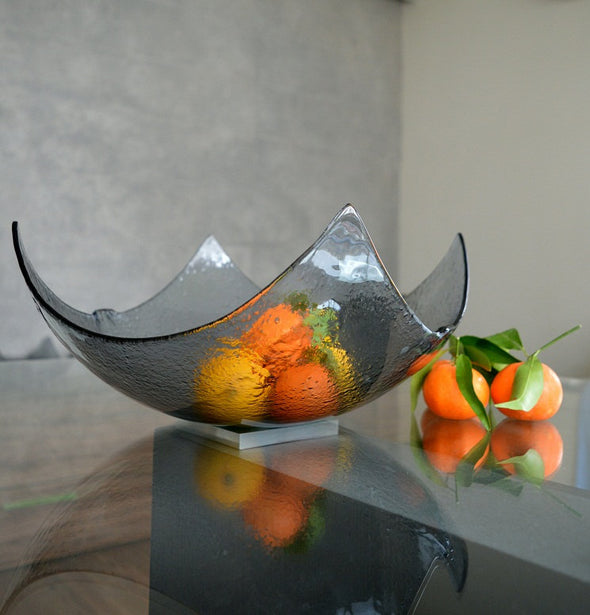 Modern Graphite Minimalist Fused Glass Fruit Bowl. Designer Centerpiece Fruit-Bowl XXL